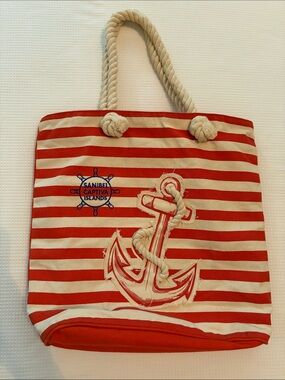 Striped Nautical Anchor Tote Bag - Red & Cream